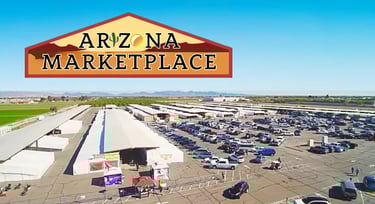 Aerial view of the Arizona Marketplace outdoor flea market and parking lot in Yuma.