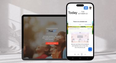 Tampilan Aplikasi Meda School ditampilkan pada tablet dan ponsel untuk manajemen komunikasi sekolah.