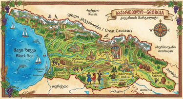 Illustrated map of the Caucasus Republic of Georgia.
