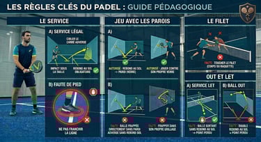 Infographie pédagogique Vestiaire Padel résumant les règles officielles du service, des rebonds sur 