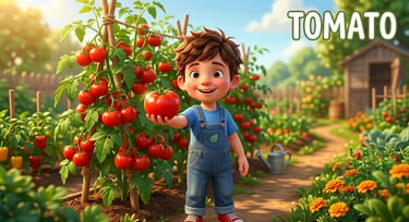 A young boy in overalls holding a ripe red tomato in a sunny vegetable garden with tomato plants.