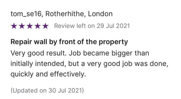 Positive customer review for wall repair services in Rotherhithe, London with a five-star rating.