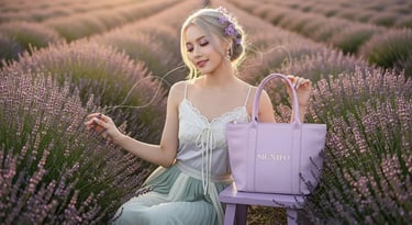 Model wanita dengan hasil aplikasi produk dari kain kanvas polyester SIGNIFO warna SOFT LILAC