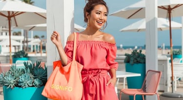 Model wanita dengan hasil aplikasi produk dari kain kanvas polyester SIGNIFO warna PEACH