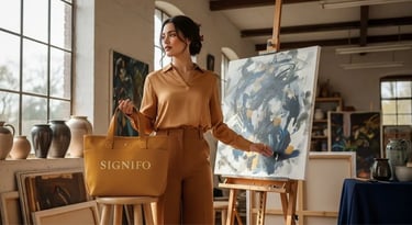 Model wanita dengan hasil aplikasi produk dari kain kanvas polyester SIGNIFO warna KUNING BUSUK