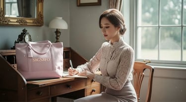 Model wanita dengan hasil aplikasi produk dari kain kanvas polyester SIGNIFO warna SUSU MILO