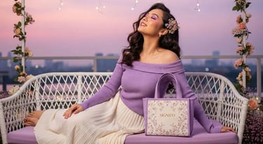 Model wanita dengan hasil aplikasi produk dari kain kanvas polyester SIGNIFO warna UNGU MUDA
