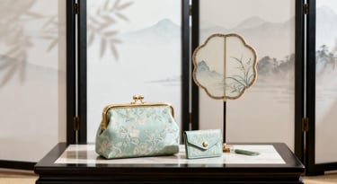 "The Splendid Rivers" GWP set, featuring a jacquard pouch, cardholder, and fan.