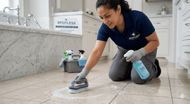Professional cleaner scrubbing bathroom floor tiles with a brush and spray for grout cleaning services.