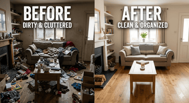 Before and after comparison of a messy living room transformed into a clean, organized space.