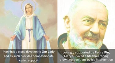 Image of Our Lady and Padre Pio with wording associating with psychic readings by Mary Madigan