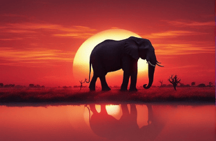 a large elephant walking across a field with a sunset in the background