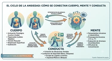 Infografía del ciclo de la ansiedad que conecta cuerpo, mente y conducta según la terapia cognitivo-conductual.