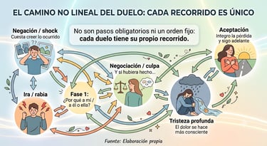 las fases del duelo (negación, ira, negociación, tristeza y aceptación) explicando que no son lineales ni obligatorias