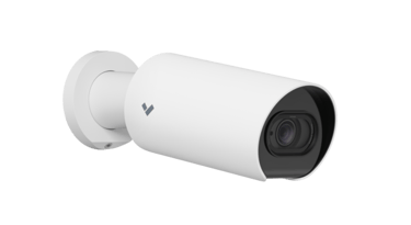 Verkada CB62 AI-powered 4K bullet security camera with long-range zoom lens, mounted for outdoor commercial surveillance