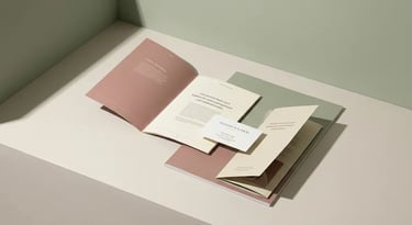 Mockup rosa e verde salvia di brochure e biglietti da visita minimalisti.