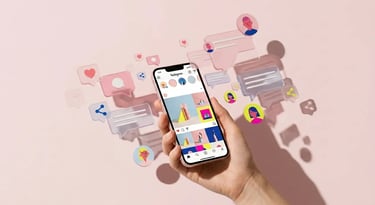Mano che regge smartphone con app social aperta, icone grafiche colorate in volo attorno