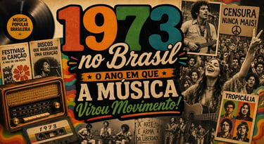 Vintage collage poster of 1973 Brazilian music movement featuring Tropicalia artists and retro radio.