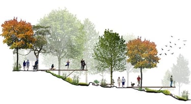 a group of people walking across a bridge