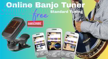 Free online banjo tuner for standard tuning featuring a online tuner and mobile app interface.