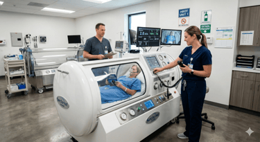 Kemet Oxy Clinic staff monitoring a patient inside a monoplace hyperbaric oxygen therapy chamber.