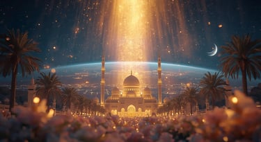 Cinematic Ramadan night with mosque, crescent moon and stars representing the sacred and peaceful night of Laylat al-Qadr