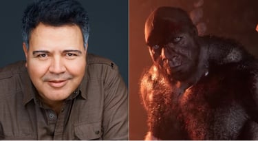 Actor Juan Carlos Velis (left) who plays Dah (right) in the videogame Far Cry Primal