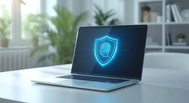 Glowing shield protecting human head silhouette on laptop screen, blocking external identity theft threat 2026