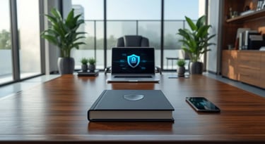Modern luxury office desk with laptop displaying security shield, book, phone and tablet, cybersecurity theme.
