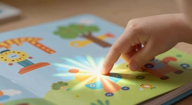 A child's hand touching a colorful interactive book that blends physical paper with light projections.