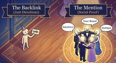 Cartoon comparing backlinks to social proximity in a dinner party setting.