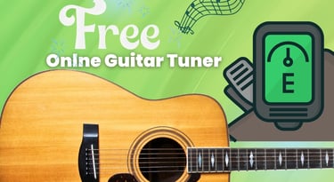 Free online guitar tuner graphic featuring an acoustic guitar and a digital tuner display.