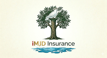 iMJD Insurance logo featuring a white dove perched on an olive tree above a blue water puddle.