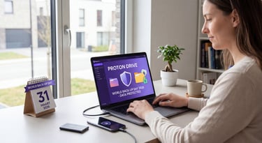 Een vrouw aan een bureau met een laptop waarop de Proton Drive interface zichtbaar is.