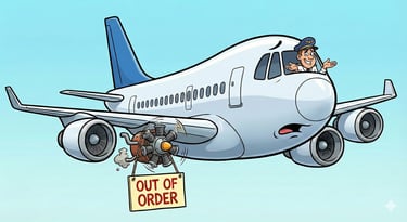 a cartoon airplane with a man in a suit and a sign saying out of order