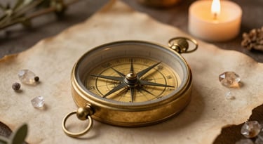 Ancient astrolabe on aged parchment surrounded by small crystals botanicals and candlelight