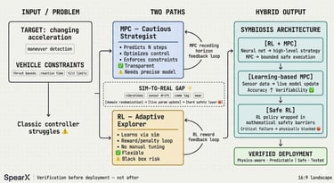 Diagram comparing MPC and RL control systems for vehicle maneuver detection and symbiosis architecture.