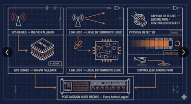 Technical diagram of drone security protocols including GPS denied fallback, local logic, and secure wipe.