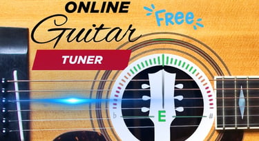 A free online guitar tuner interface overlaying an acoustic guitar body to help tune strings.