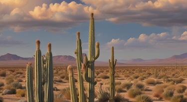 Tall cactus and desert succulents growing in a sunny, sandy desert landscape under cloudy skies.