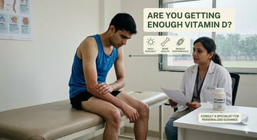 A doctor consulting with a patient about vitamin D supplements for bone health and muscle performance.