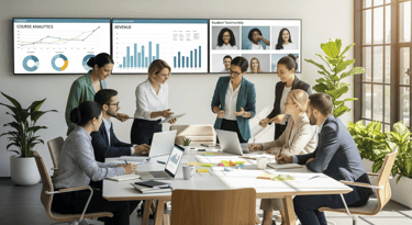 A group of diverse professionals collaborates around a table in a modern office with large screens.