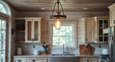 a kitchen with a light bulb hanging from a ceiling