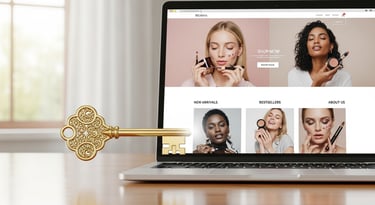 A ornate golden key points toward a laptop screen displaying a beauty e-commerce website.