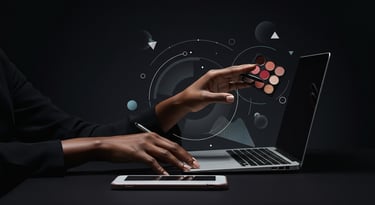 A person using a laptop to digitally interact with a virtual makeup palette and UI graphics.