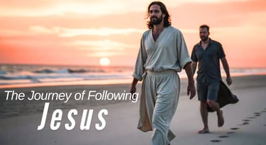 Jesus walking down a beach with a man following him.