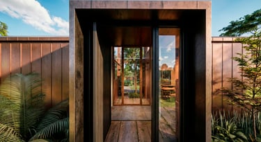 Ingreso a hall y patio interno en casa moderna. casa rancho. arquitectura con sentido.