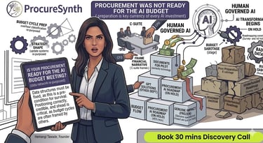 Infographic about AI procurement strategy and budget challenges featuring a professional woman holding a digital tablet.