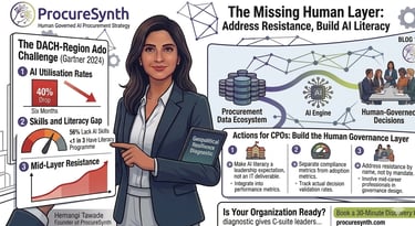 An infographic by ProcureSynth featuring Hemangi Tawade discussing AI procurement strategies and human-governed AI literacy.