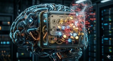 Cerebro digital fusionado con un contador de luz agotando tokens y monedas de oro en un entorno tech.